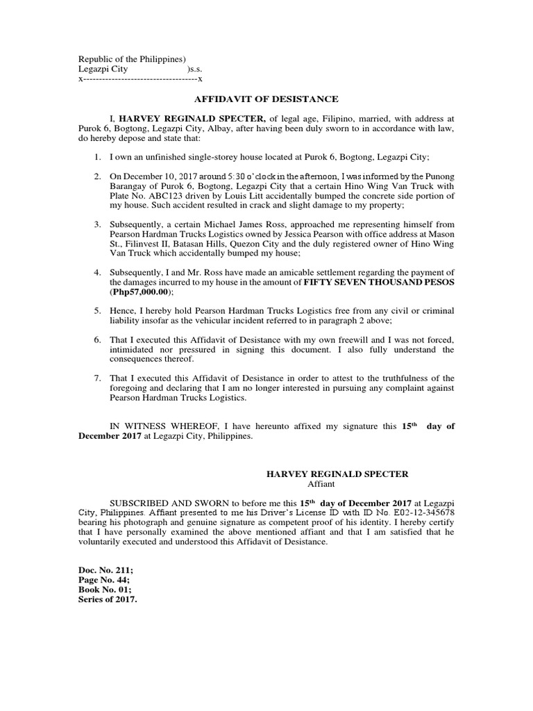 Affidavit of Desistance by Harvey Specter | PDF | Affidavit | Common Law