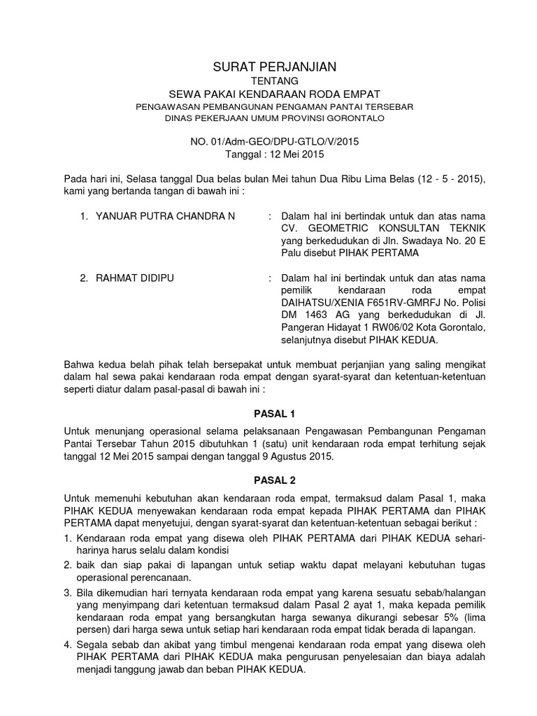 Surat Perjanjian Sewa Mobil