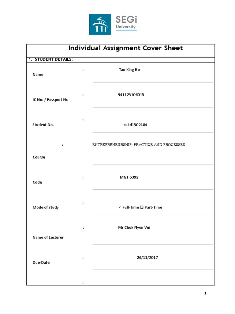 example of a cover page for an assignment
