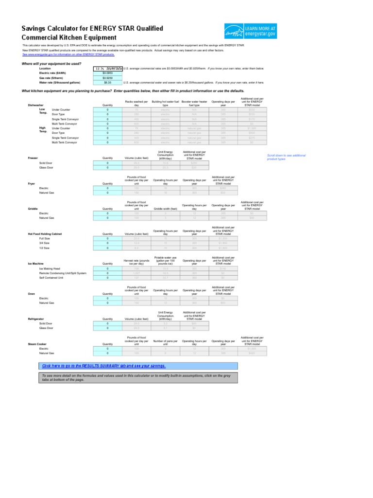 ENERGY STAR Kitchen Equipment Savings Calculator | PDF | Water Heating ...