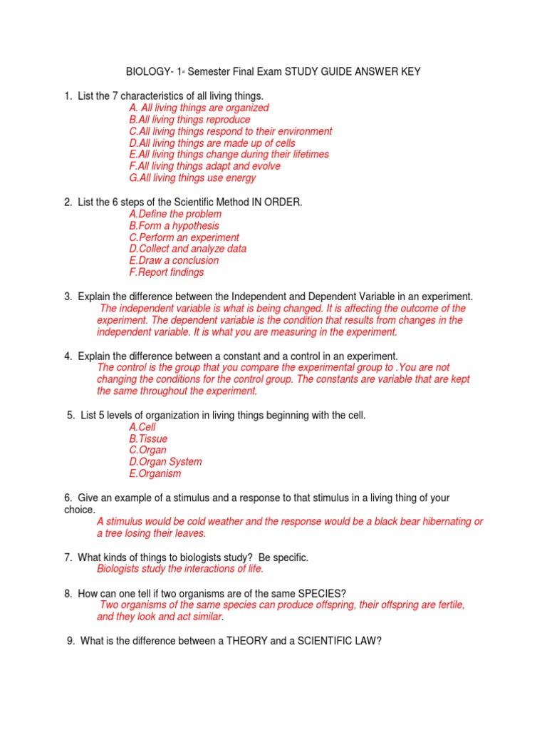 Biology 1st Semester Exam Answer Key | PDF | Experiment | Cell (Biology)