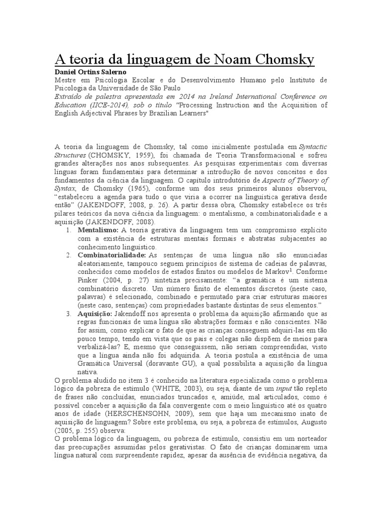 A Teoria Da Linguagem De Noam Chomsky Pdf Linguagem Natural Gramática