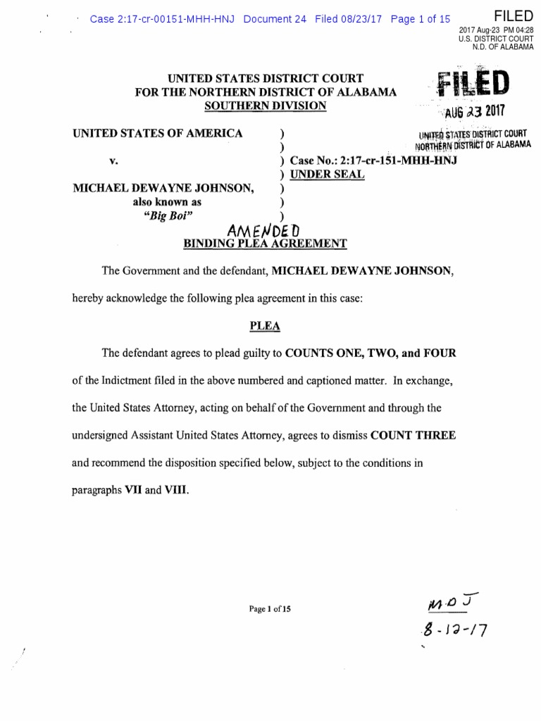 Plea Agreement for Michael D. Johnson | PDF | Plea | Plea Bargain