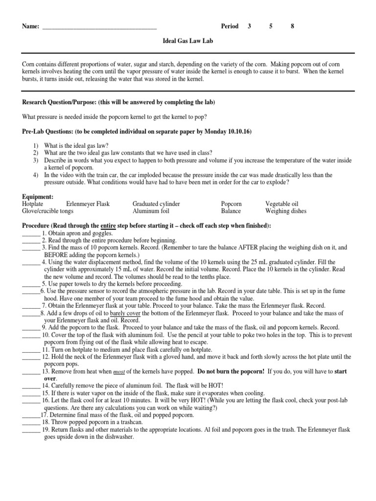 Popcorn Lab Ideal Gas Law PDF Popcorn Gases