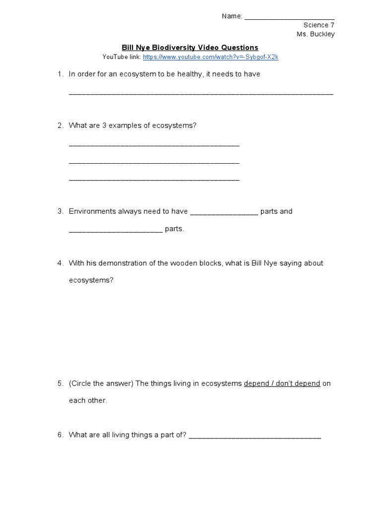 Bill Nye Biodiversity Video Questions  Environmental Protection In Bill Nye Biodiversity Worksheet Answers