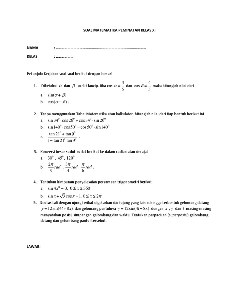 Soal Matematika Peminatan Kelas Xi