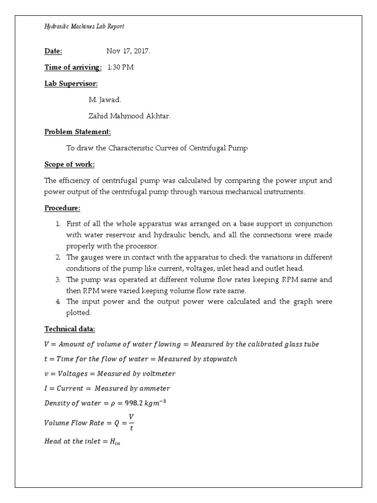Hydraulic Machines Lab Report Valve Pump