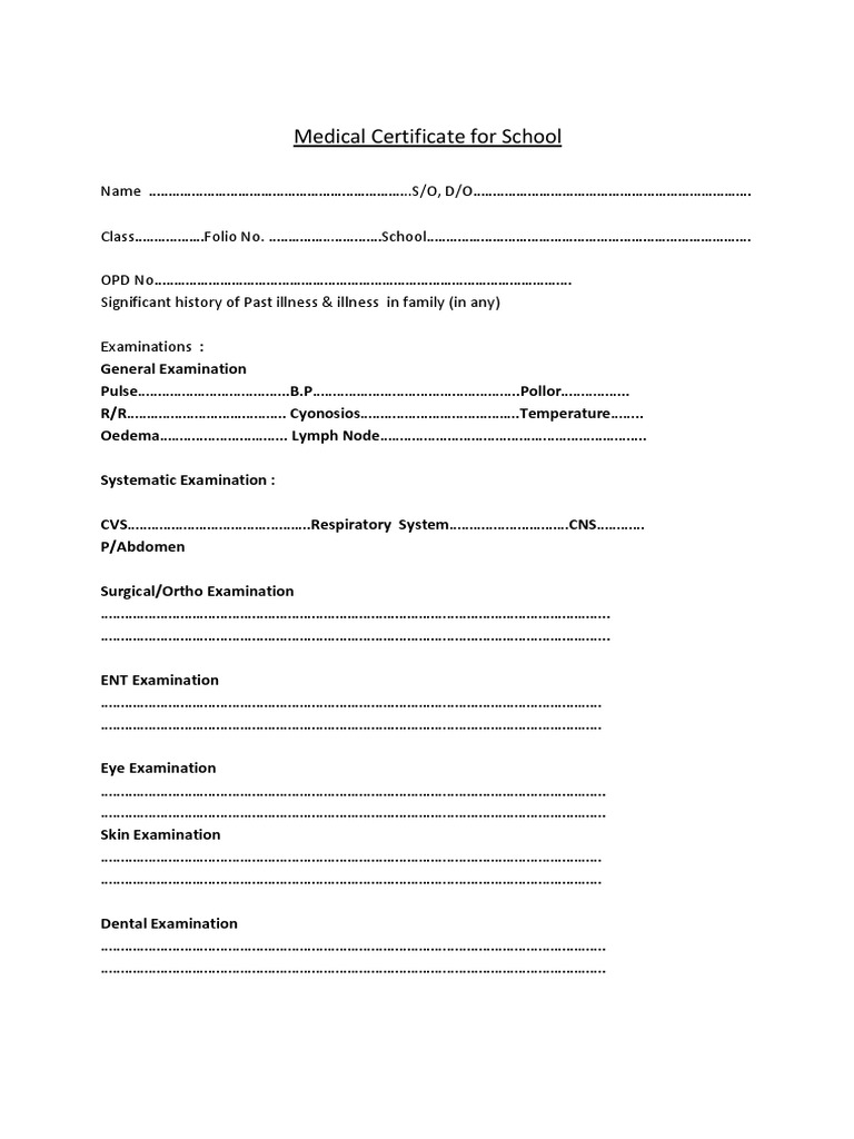 Medical Certificate for School Admission | PDF