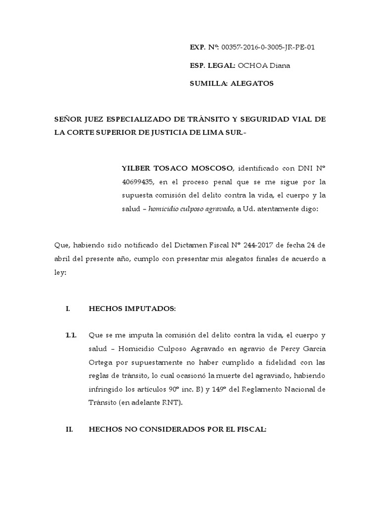Alegato HOMICIDIO CULPOSO - ACCIDENTE DE TRANSITO | Derecho penal ...