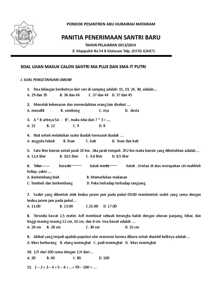 Soal Tes Masuk Smp 2019 Dan Kunci Jawaban