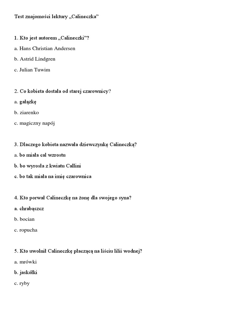 Test Wiedzy Z Lektury Latarnik Test Znajomości Lektury Calineczka | PDF