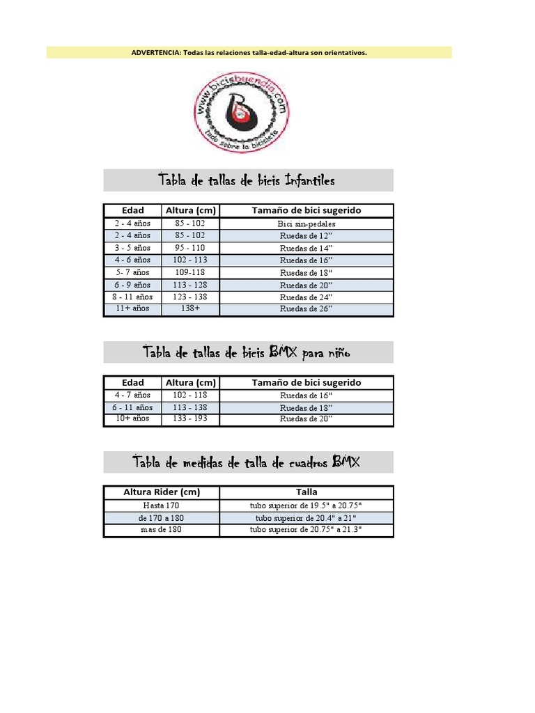 Tallas y medidas de BMX para niños | PDF, image size:768x1024