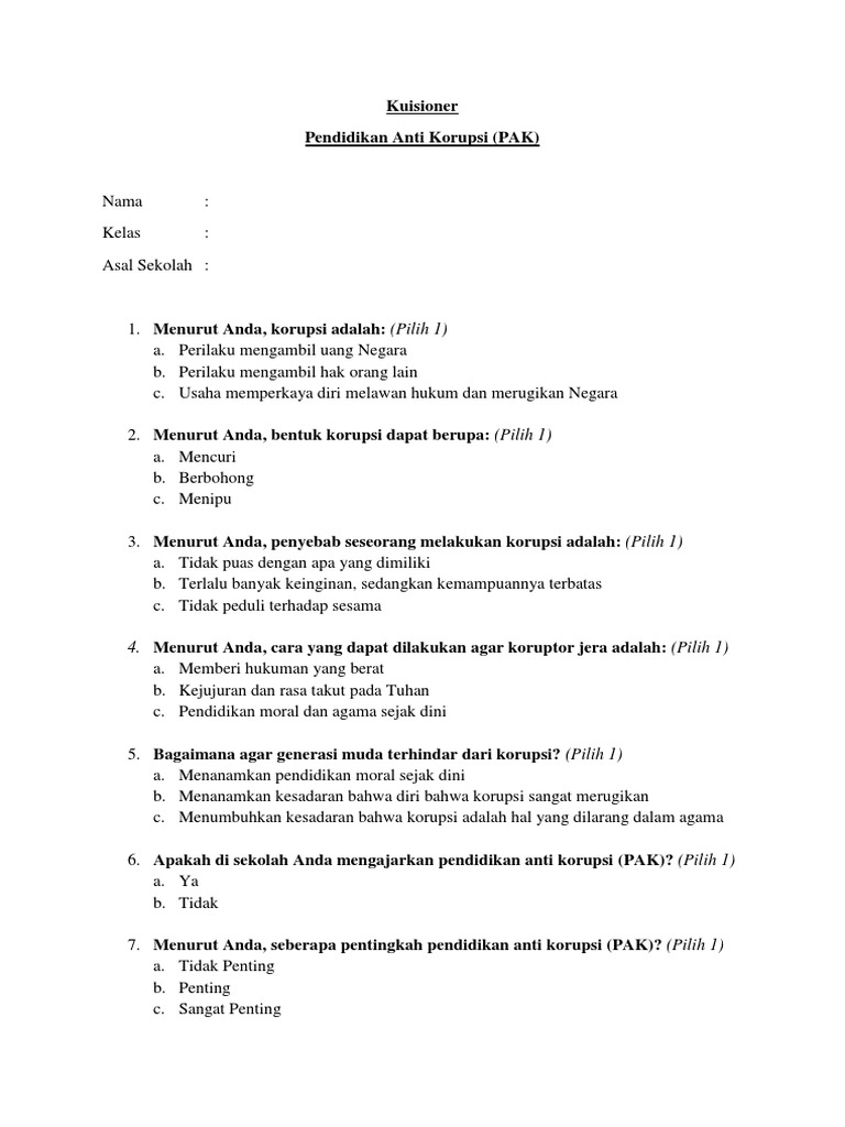 Kuisioner Pendidikan Anti Korupsi