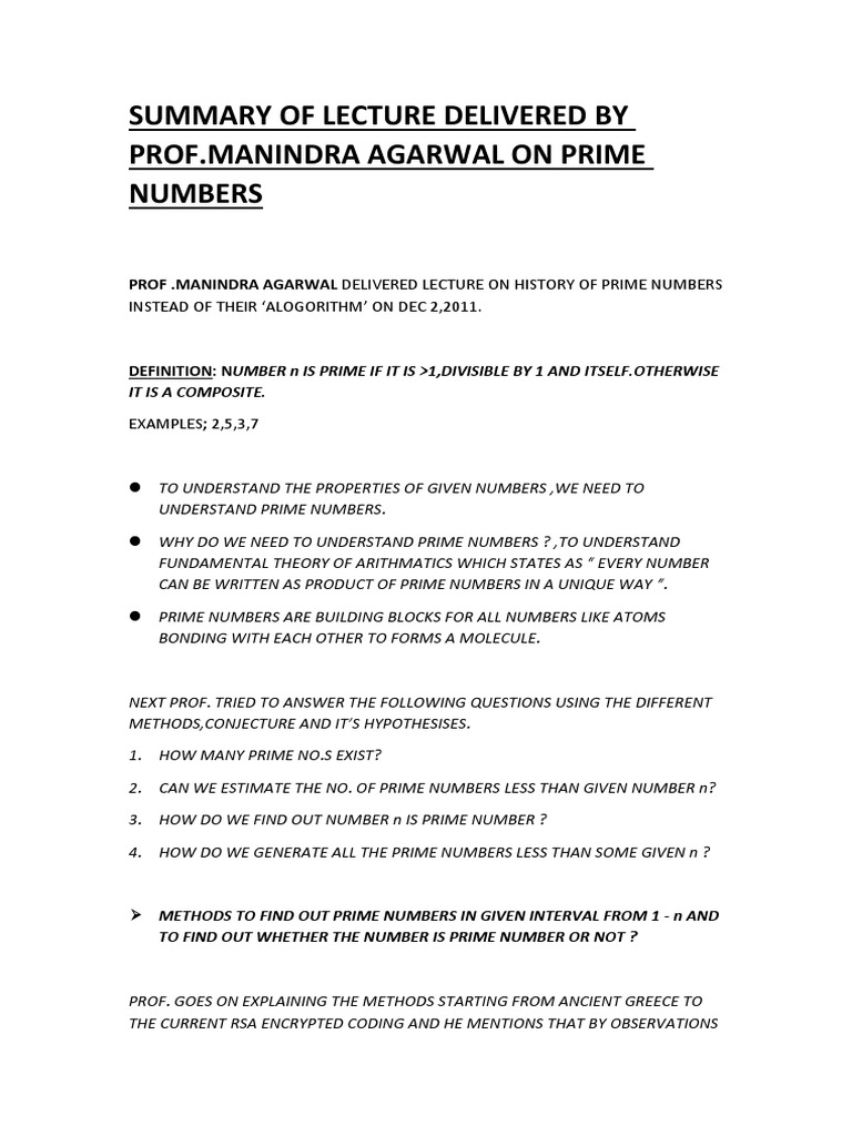 Summary of Lecture Delivered by Prof | PDF | Prime Number | Numbers