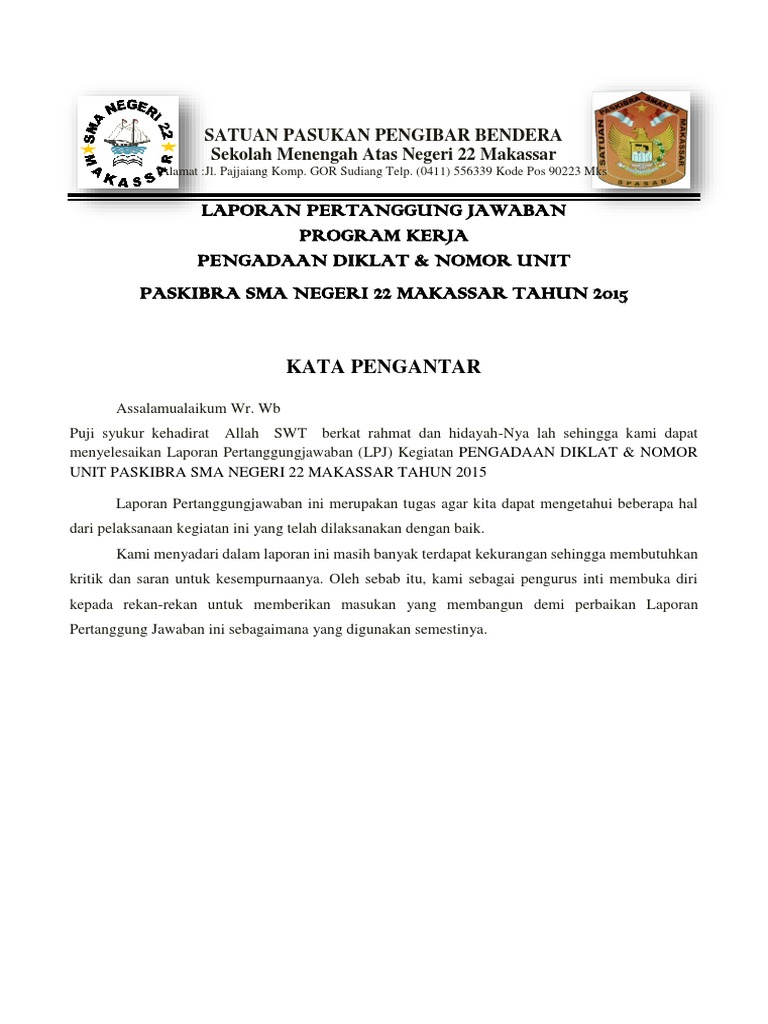 Laporan Pertanggung Jawaban Diklat Paskibra Sma Negeri 22 Makassar Tahun 2015