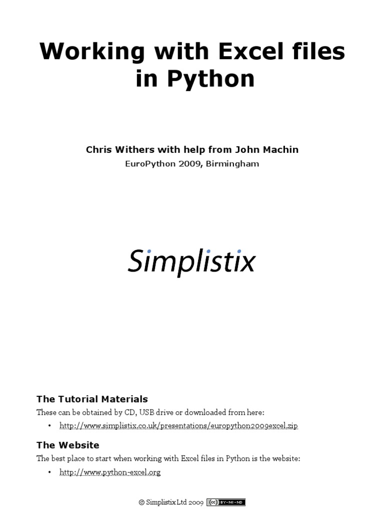 Working With Excel Files in Python: Chris Withers With Help From John ...