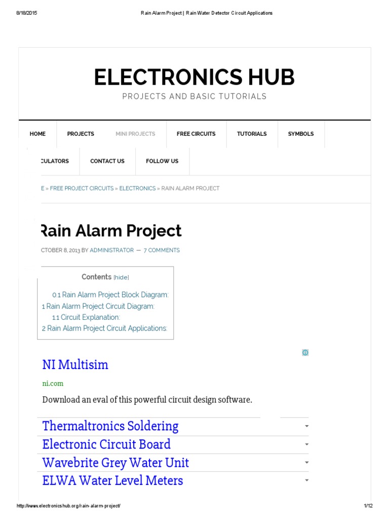 Rain Alarm Project - Rain Water Detector Circuit Applications | PDF ...