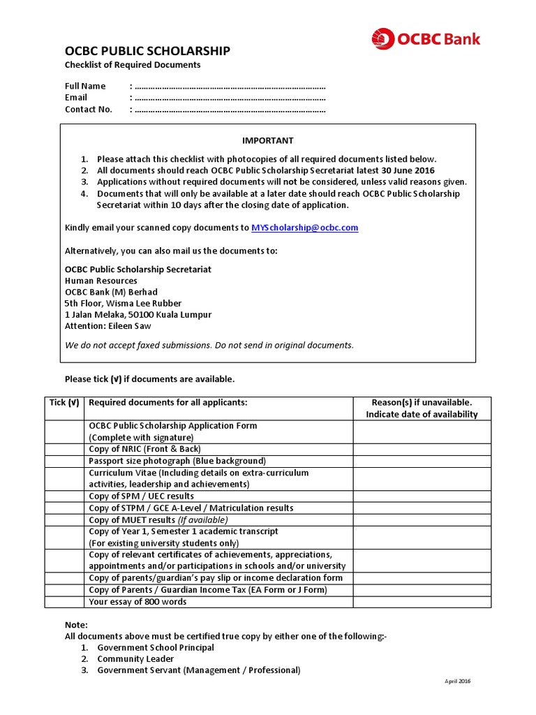 Ocbc Public Scholarship Checklist Schools Further Education