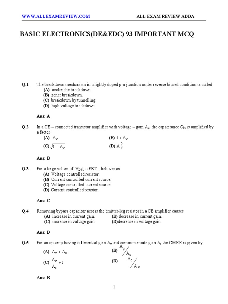 Basic Electronics 97 Impor Tant MCQ PDF Amplifier Field Effect