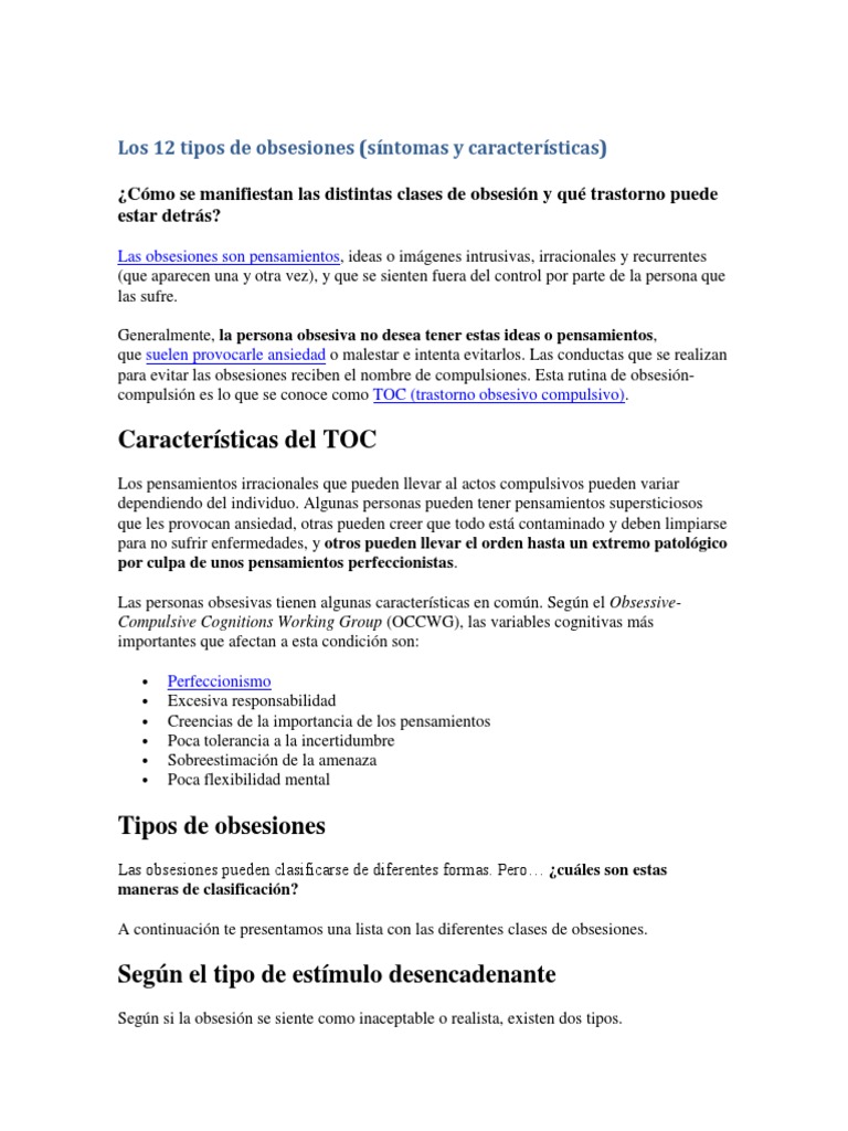 Los 12 Tipos de Obsesiones (Síntomas y Características) | PDF ...