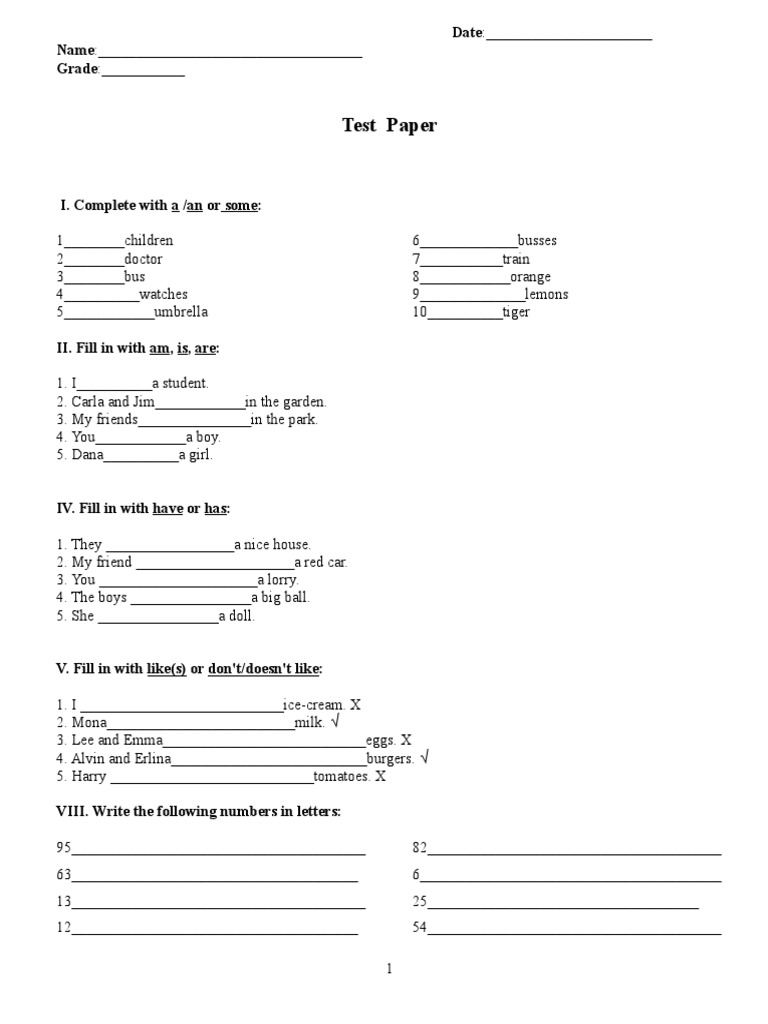 Test paper name grade pdf