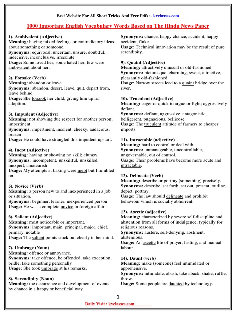1000 Vocabulary Words From The Download Free Pdf Handcuffs Adjective