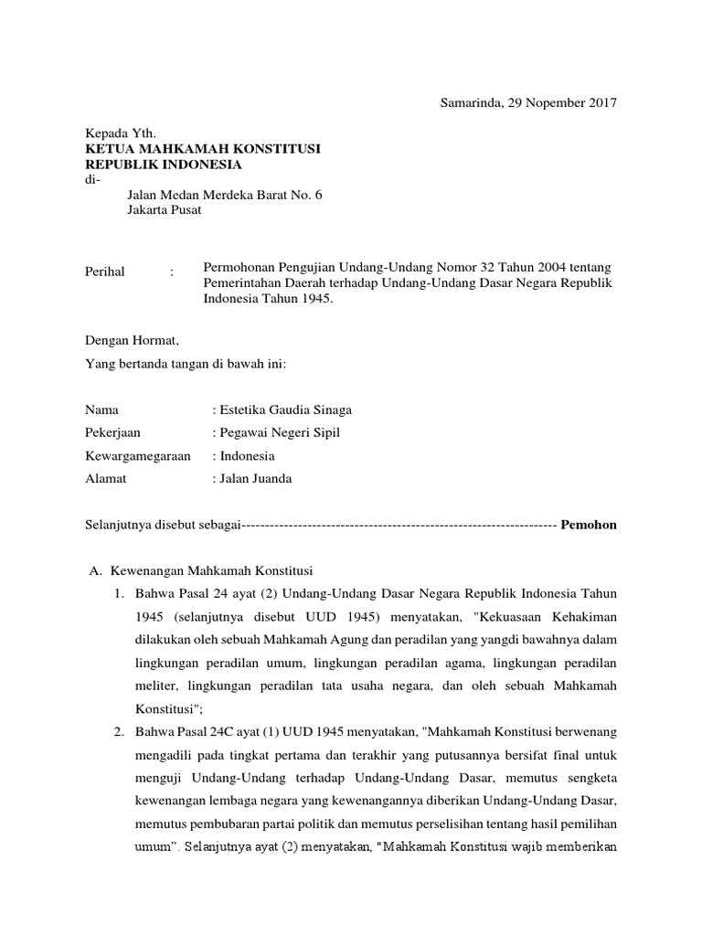Surat Permohonan Mahkamah Konstitusi