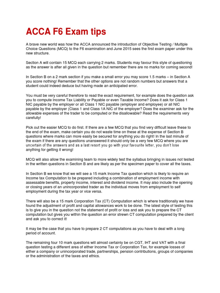 ACCA F6 Exam Tips Corporate Tax Test (Assessment)