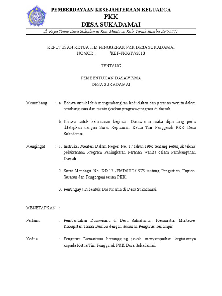 Contoh Sk Dasawisma Pkk Guru Paud