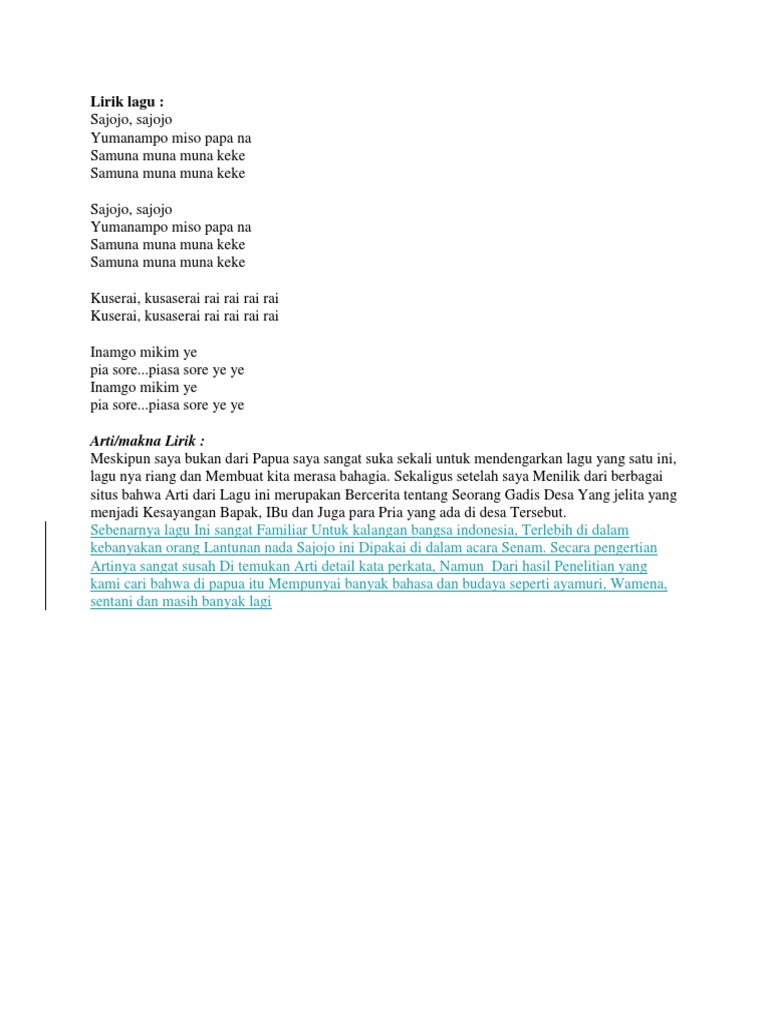 Lirik Lagu Sajojo Lagu Daerah Papua Pdf
