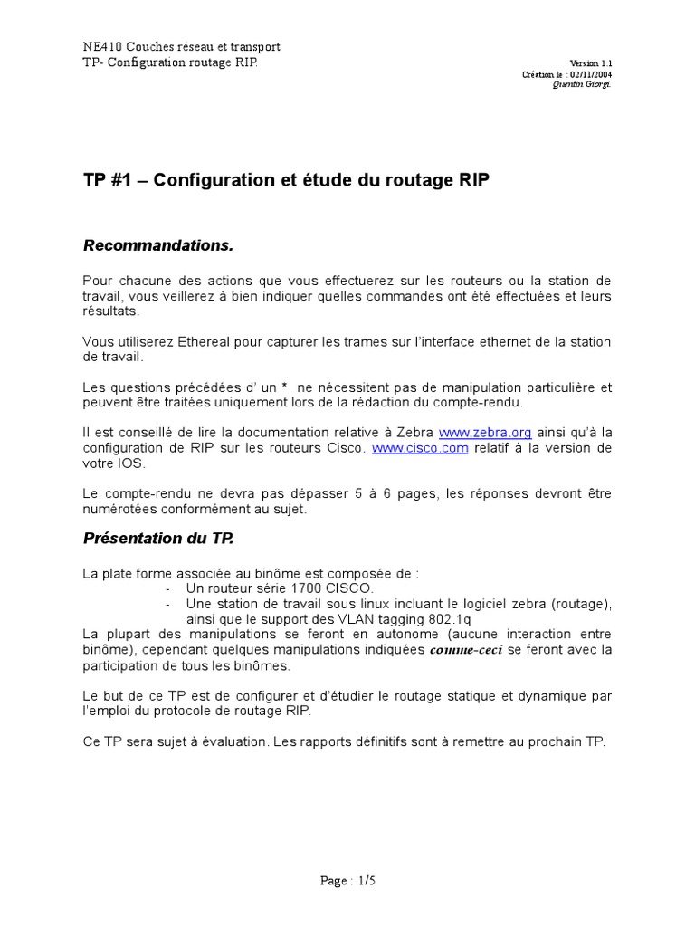 TP Configuration Routage RIP et Étude | PDF | Routage | Routeur