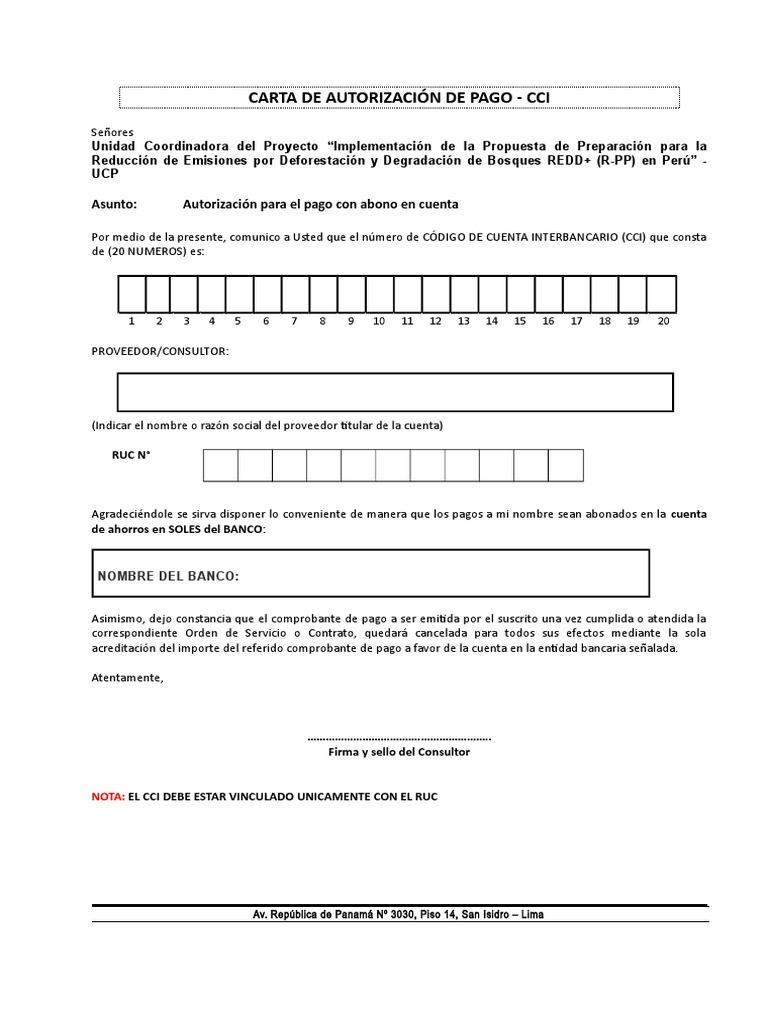 Carta de Autorización de Pago CCI | PDF | Finanzas y dinero | Derecho