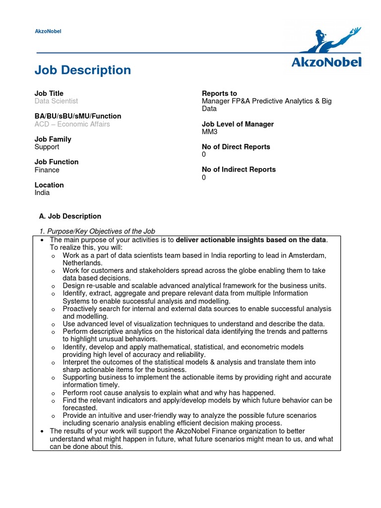 Data Scientist Role at AkzoNobel | PDF | Analytics | Predictive Analytics