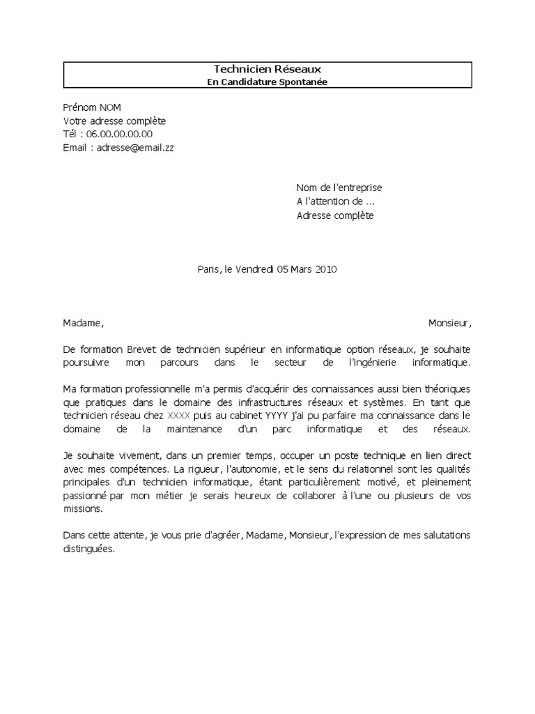 Lettre Motivation Technicien Reseaux Pdf Informatique Informatique Et Technologies De L Information