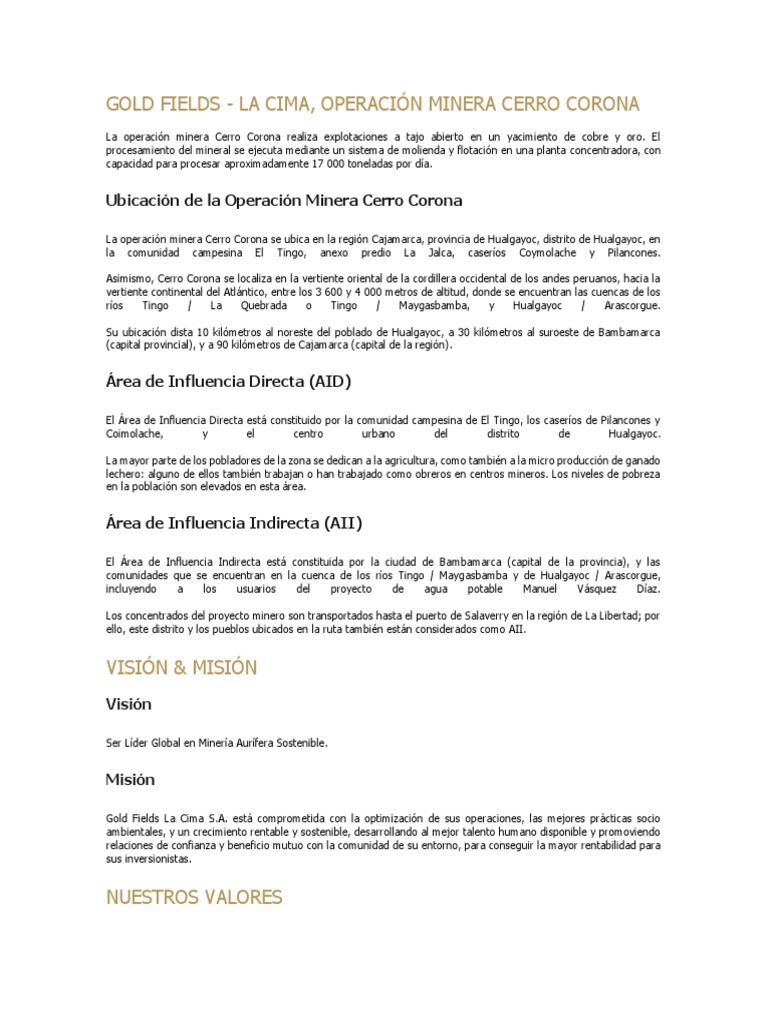 Gold Fields - Proyecto Minero Cerro Corona | PDF | Minería | Cobre