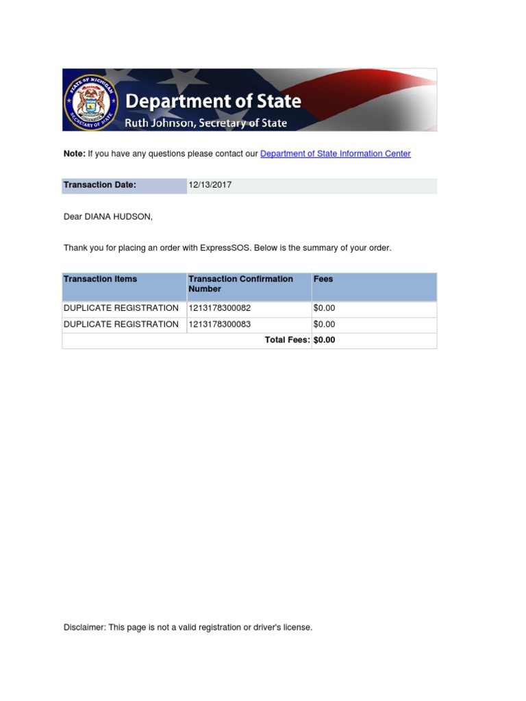 Michigan Duplicate Registration Summary | PDF | Vehicles | Vehicle ...