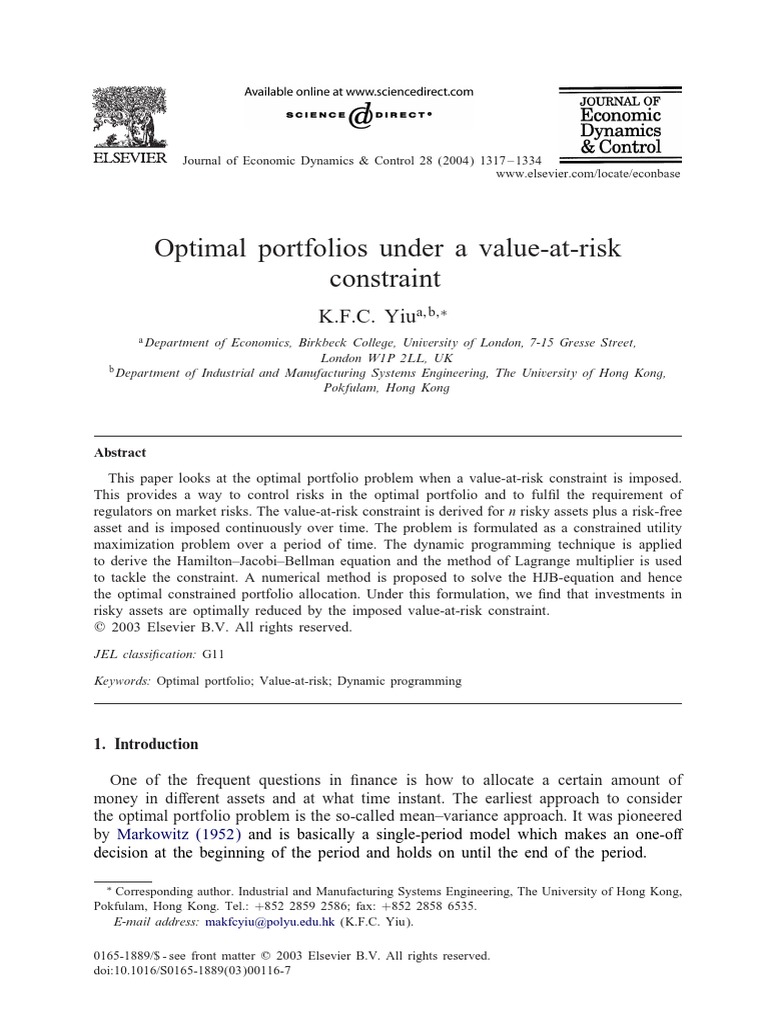 Optimal Portfolio Under VaR Constraint | PDF | Value At Risk ...