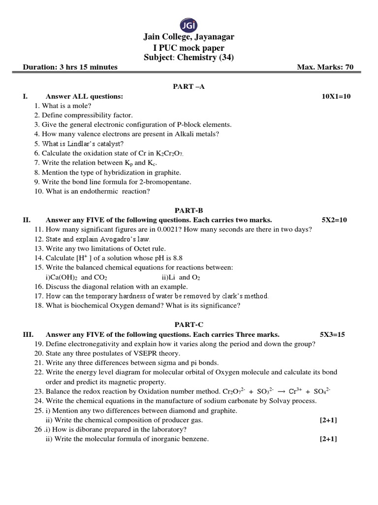 1st Puc Chemistry Important Questions