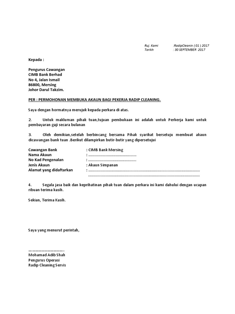 Contoh Surat Untuk Mintak Statement Loan