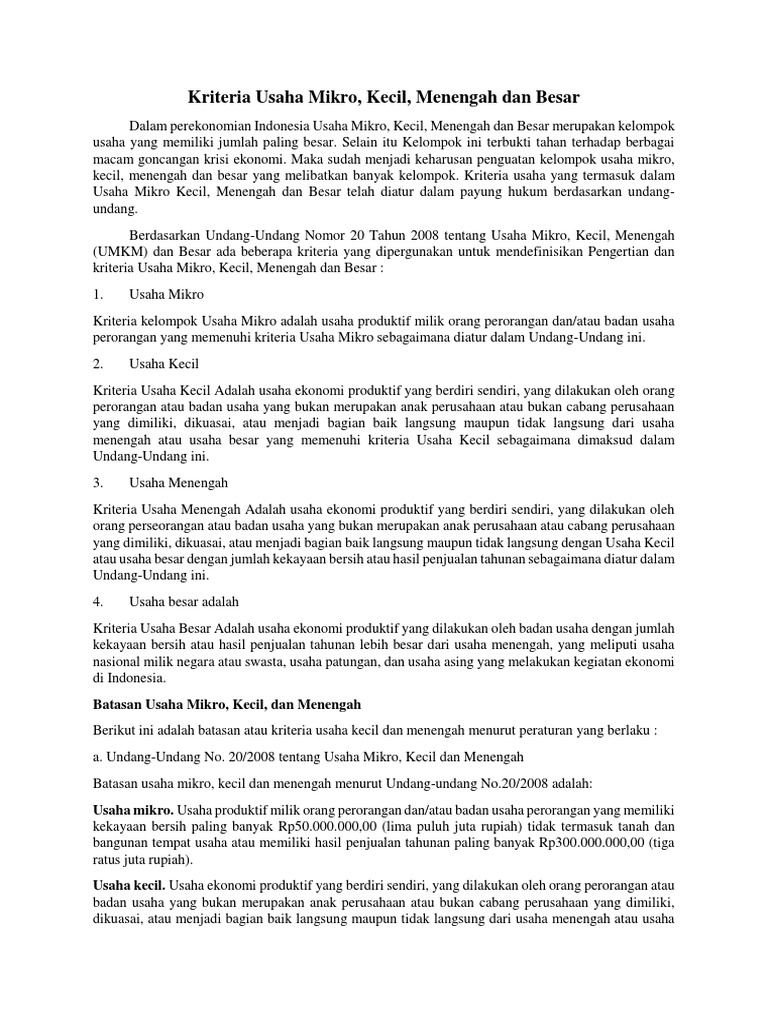 Kriteria Usaha Mikro Kecil Menengah Dan Besar Seputar Usaha