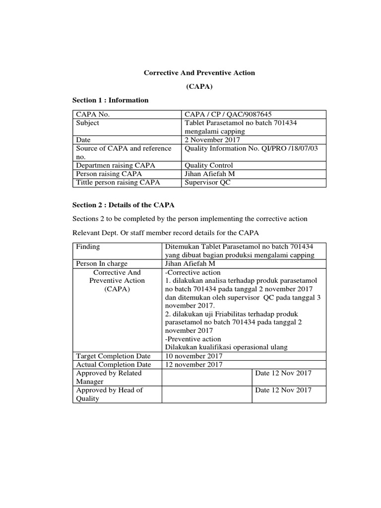 CAPA untuk Tablet Parasetamol 701434 | PDF