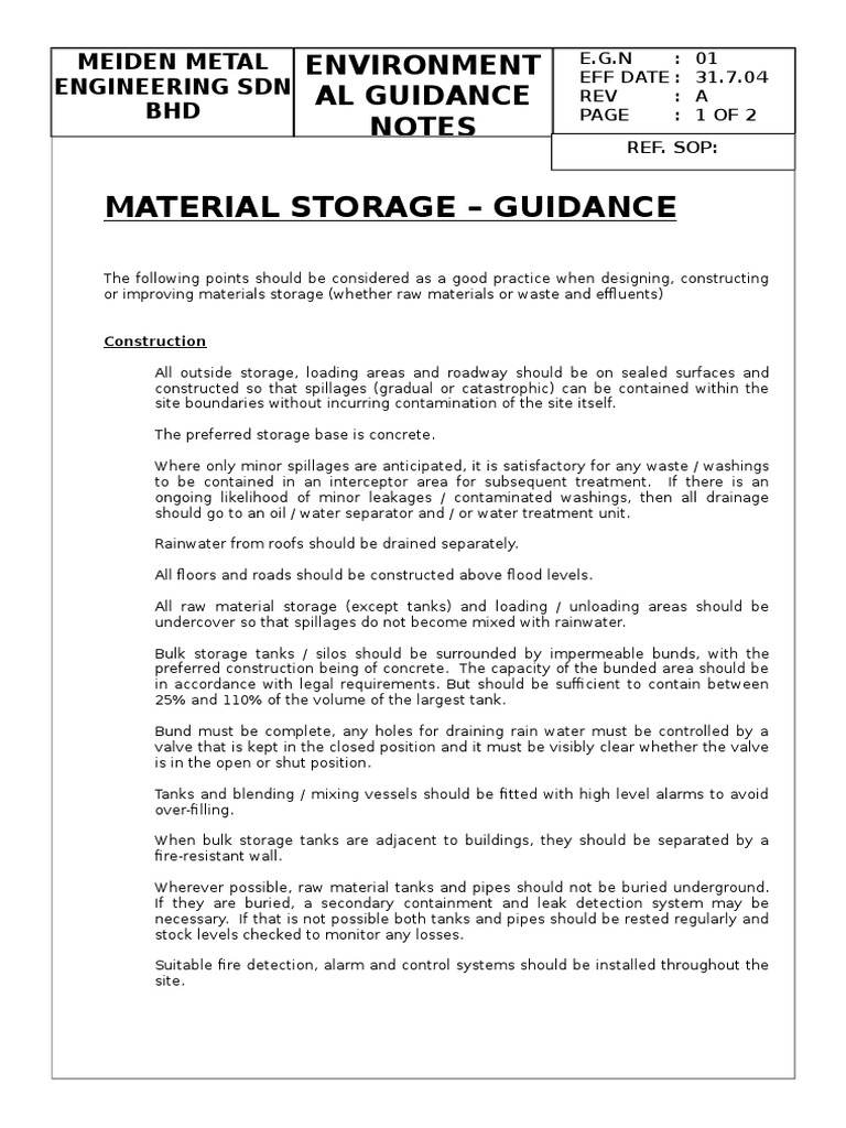 Material Storage Guidance Environment Al Guidance Notes PDF
