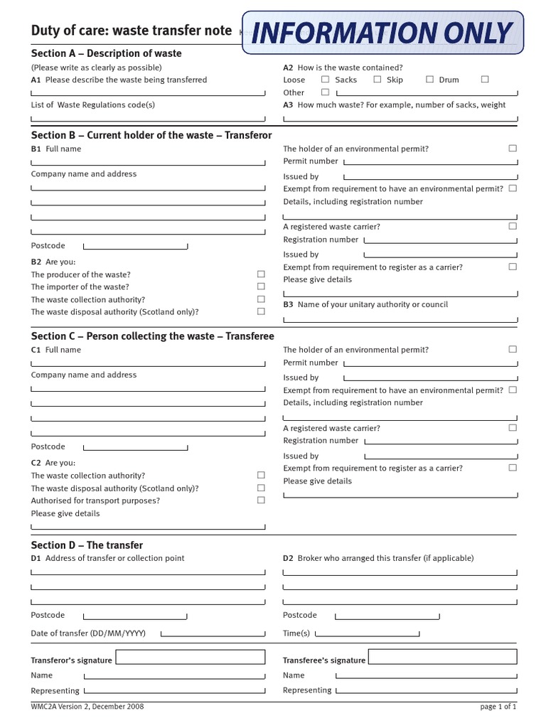 Waste Transfer Note Example  PDF  Government Information Regarding Waste Consignment Note Template