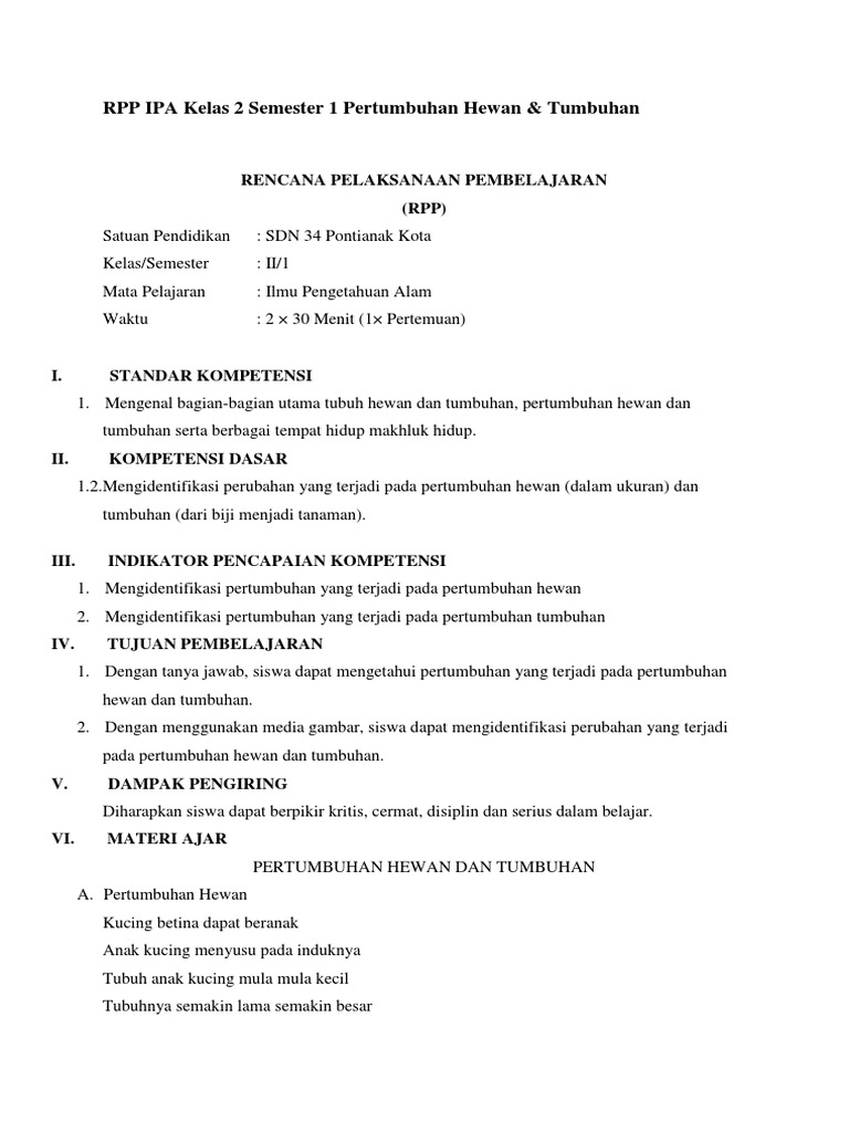 Rpp Ipa Kelas 2 Semester 1 Pertumbuhan Hewan Dan Tumbuhan