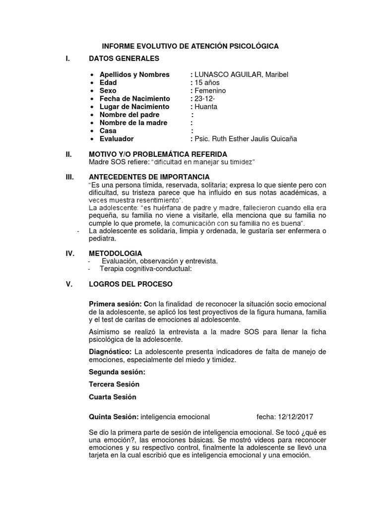 Informe Evolutivo de Atención Psicológica | PDF | Las emociones ...