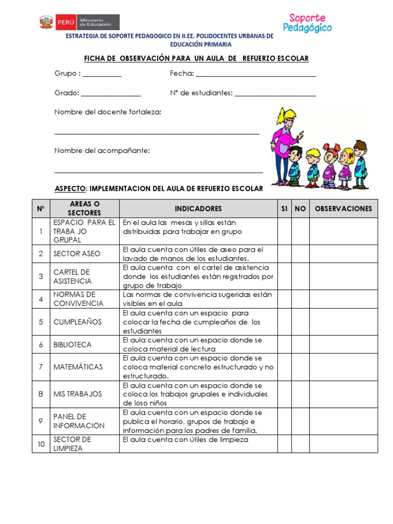 Ficha De Observación Para Un Aula De Refuerzo Escolar Pdf Salón De