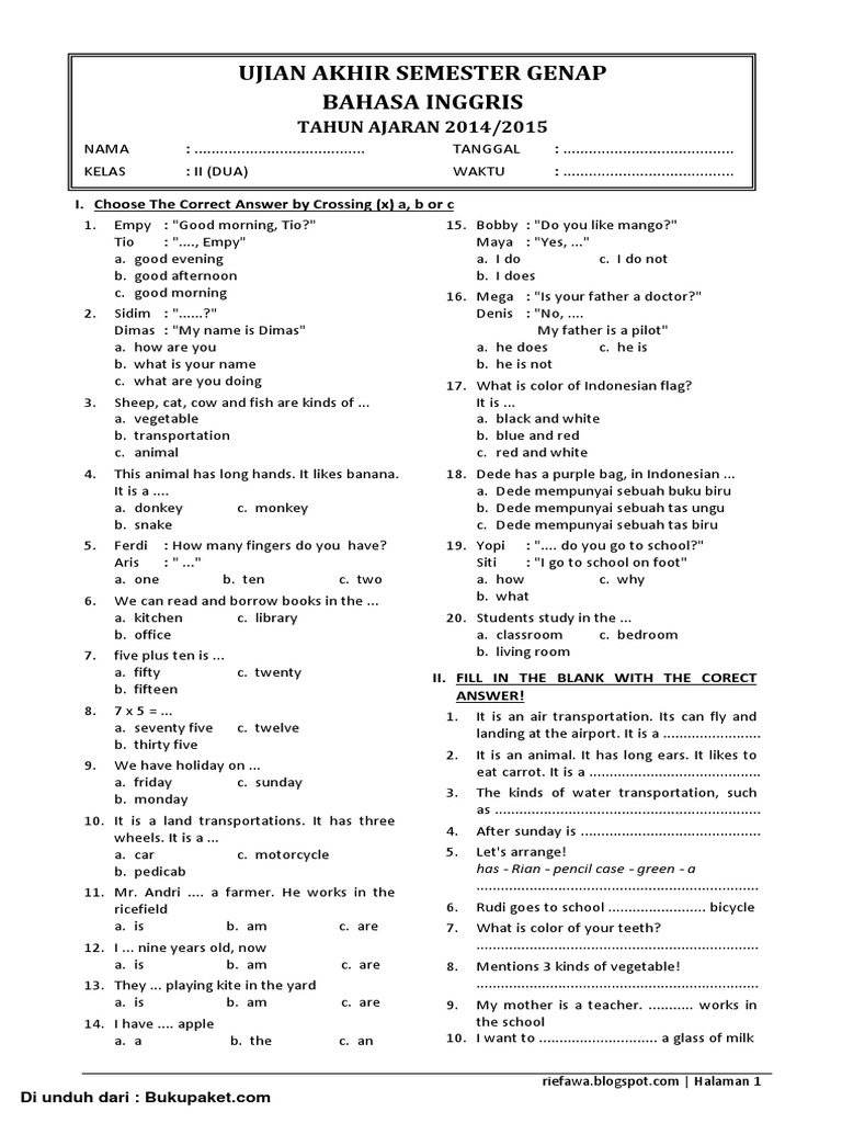 Soal Ukk Bhs Inggris Kls 6 Semester2