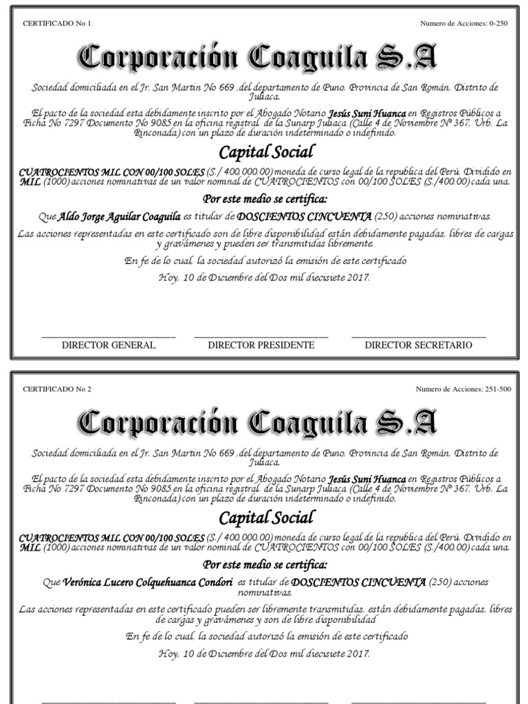 Certificado de acciones MODELO Compartir (Finanzas)