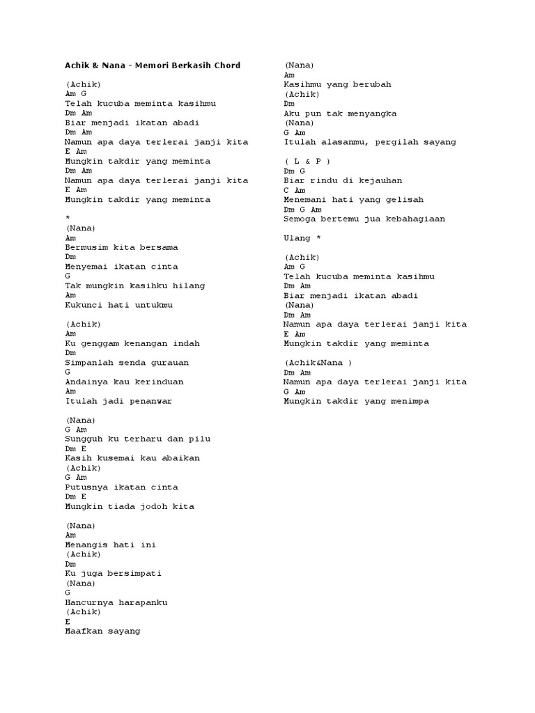 Achik Nana Memori Berkasih Chord Pdf