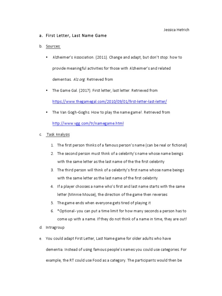 First Letter, Last Name Game Guide | PDF | Mental Processes | Memory